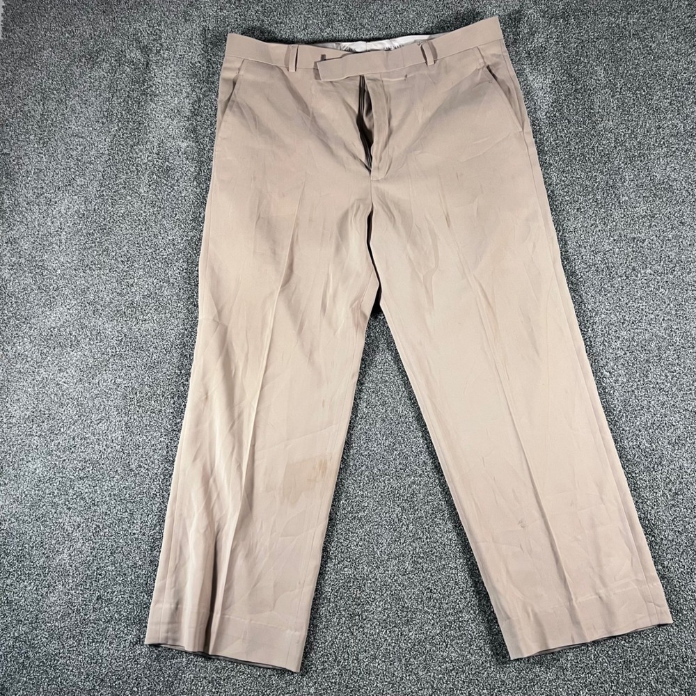 Hallmark Men Dress Pants 38x27 Tan Beige Flat Front Trousers Professional Office